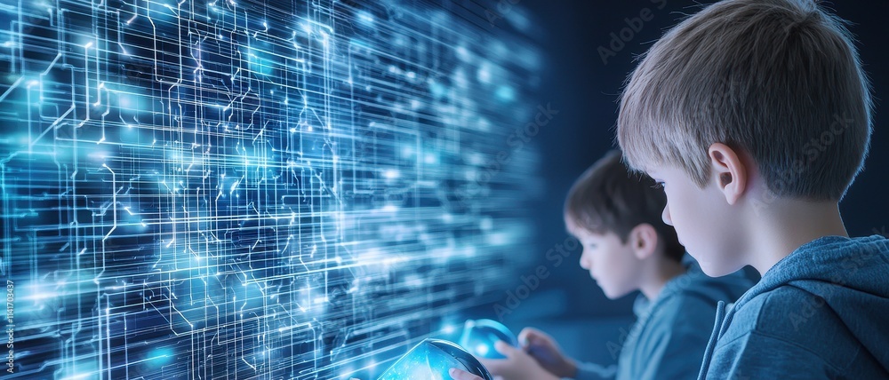 Poster two children interact with a glowing digital interface, surrounded by vibrant data streams, showcasi