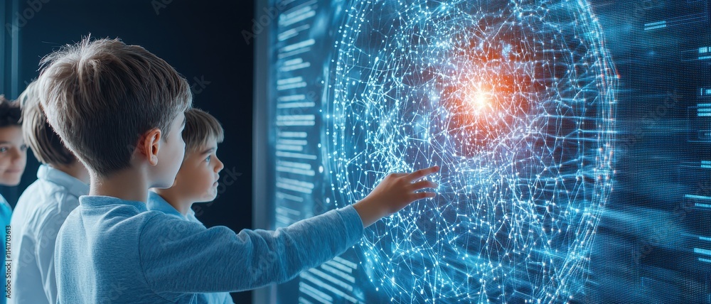 Poster children interact with a digital display, exploring a vibrant network of interconnected data points 