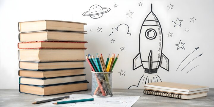 Back To School - Books And Pencils With Rocket Sketch