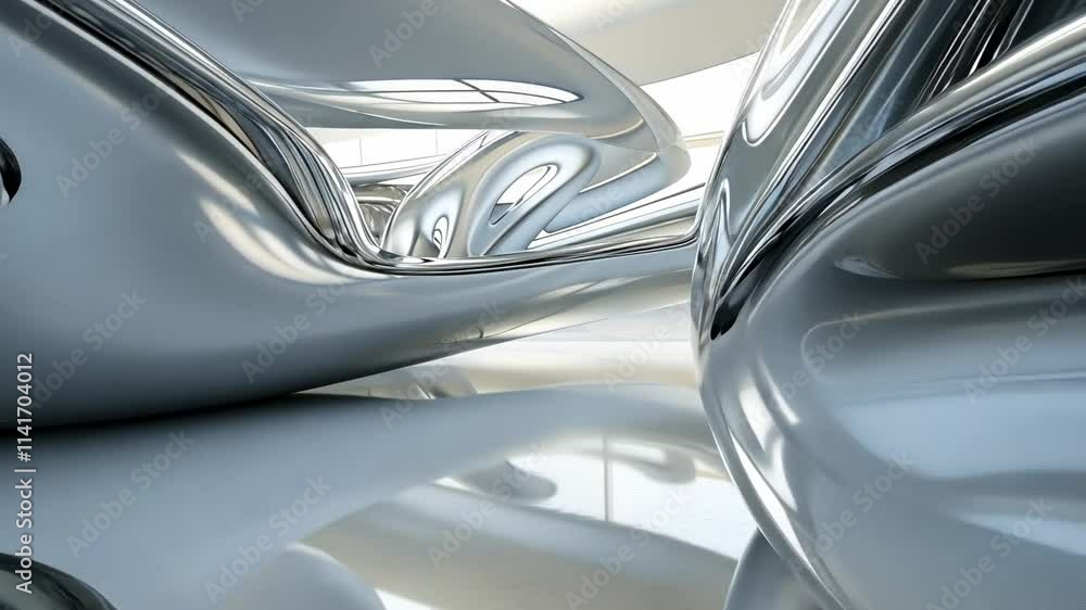 Poster modern architectural design featuring fluid metallic forms and illuminated space in a contemporary i