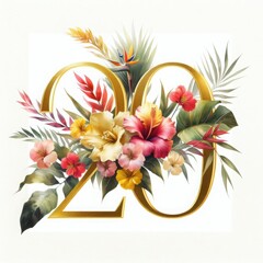 Obraz premium Golden number 20 with a vibrant watercolor bouquet of tropical leaves and flowers against a white isolated background