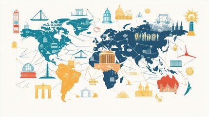 World map with monuments icons, connected by lines.