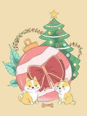 Fototapeta premium Christmas illustration. Cute corgi dogs, Christmas tree and Christmas decorations. Cozy drawing, digital art.