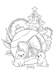Christmas illustration. Cute corgi dogs, Christmas   
 tree and Christmas decorations. Cozy drawing, digital art, black and white.