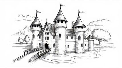 Obraz premium Majestic Castle Drawing With Bridge And Surrounding Landscape