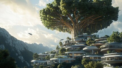 Futuristic eco-city nestled in mountain valley, large tree canopy, flying vehicle.