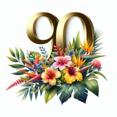 Obraz premium Golden number 90 with a vibrant watercolor bouquet of tropical leaves and flowers against a white isolated background