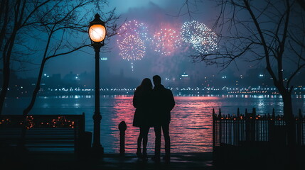 Romantic New Year’s Eve by the Riverside with Fireworks and Intimate Silhouettes 