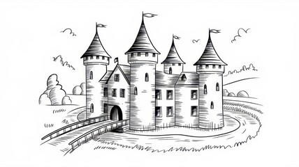 Obraz premium A Fairytale Castle Drawing With Bridge And Moat