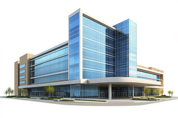 Modern urban hospital building with sleek glass architecture and landscaping