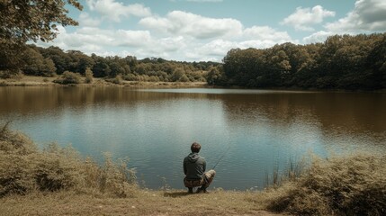 Obraz premium Person fishing at calm lake under blue sky.