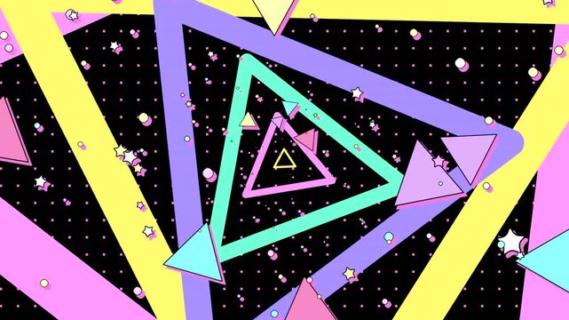 Looped colorful spinning triangles motion graphics.