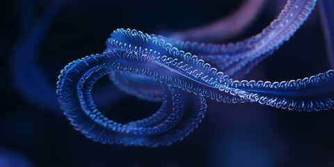Obraz premium Beautiful Close-Up of a Transparent Jellyfish with Glowing Tentacles in Dark Ocean Water