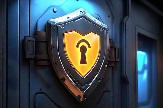 Illuminated keyhole emblem on a metallic shield attached to a futuristic door.