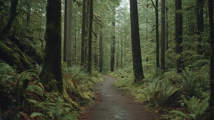 Obraz premium Forest path curves through dense trees with moss, ferns.