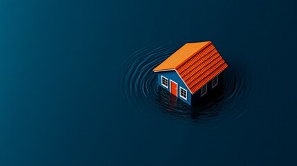Submerged House: A small house, rendered in a minimalist 3D style, sits isolated in dark blue water, encircled by ripples. The scene evokes a sense of vulnerability and the impact of natural disaster.
