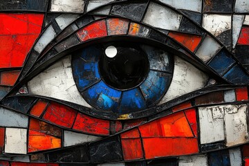 Close-up of an artistic mosaic eye featuring vibrant colors, showcasing intricate details in shades of red, blue, and silver.