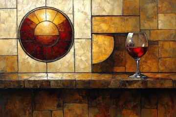 A graceful glass of red wine sits on a textured stone shelf, complemented by an abstract circular design in warm tones.