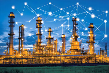 Illuminated refinery at night with digital network overlay.