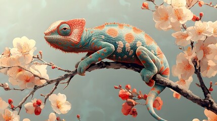 A colorful chameleon is perched on a branch of a cherry blossom tree