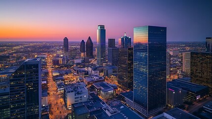 Obraz premium Aerial view of Dallas skyline at sunset, showing illuminated skyscrapers and city streets.