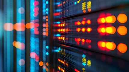 Illuminated server racks in a data center.