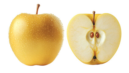 Fresh yellow apple whole and half isolated on transparent background