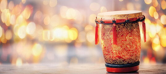 Chinese drum with intricate glowing patterns in red and gold