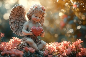 Cupid in a colorful flower garden holding a heart-shaped