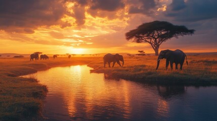 Fototapeta premium Majestic elephants silhouette at sunset, African savanna, fiery sky, tranquil river. Breathtaking wildlife scene.