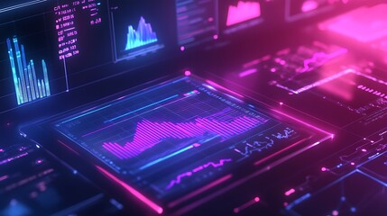 Workspace with digital tablet showing business charts, graphs, and performance data 