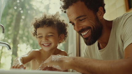 Joyful father and son bonding during a playful bath time