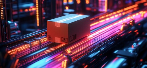 Obraz premium A cardboard box on a conveyor belt illuminated by vibrant neon lights.