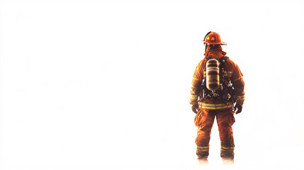 firefighter standing alone looking away in full gear and helmet against a white background