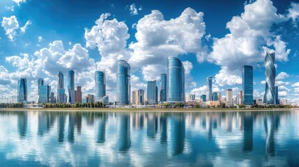 Fototapeta premium A panoramic view of a bustling city skyline with A vibrant city skyline with modern skyscrapers reflecting off a calm waterfront, under a bright blue sky dotted with fluffy white clouds. 