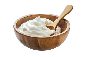 Creamy yogurt in wooden bowl with spoon isolated on transparent background