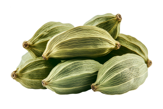 Aromatic green cardamom pods isolated on transparent background