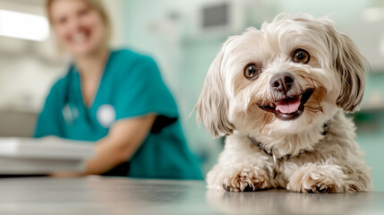 Happy dog at the veterinarian's office with smiling staff