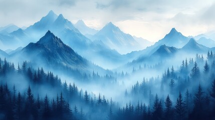 Obraz premium Misty blue mountains, evergreen forest.