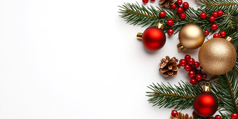 Festive Christmas Ornaments with Gold Tinsel, Red Berries, and Pine
