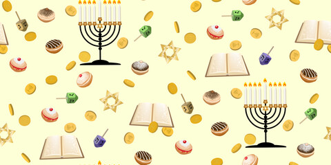 Seamless pattern with menorah, star of David, dreidels and gold coins. Traditional symbol of Israel isolated on white background. Hanukkah background.Template for banner, poster, web, textile. Vector