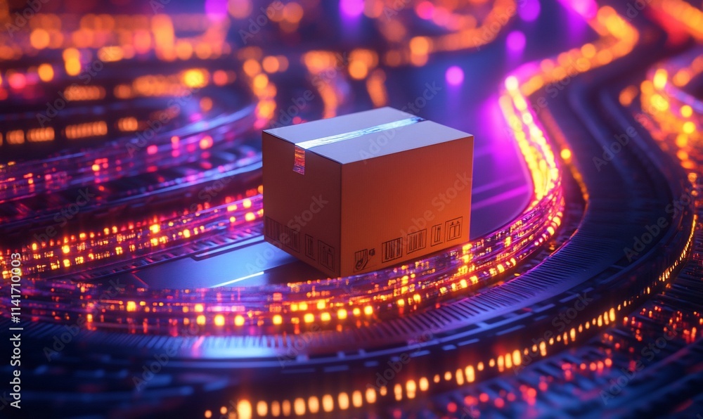 Poster a digital representation of a delivery box surrounded by glowing circuits.