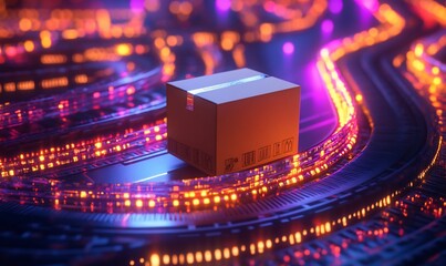 A digital representation of a delivery box surrounded by glowing circuits.