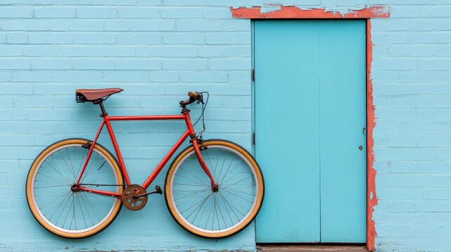 Red Bicycle Against Blue Wall: A vibrant red bicycle with cream-colored tires leans against a charming blue brick wall, capturing the essence of urban exploration and a sense of freedom.  