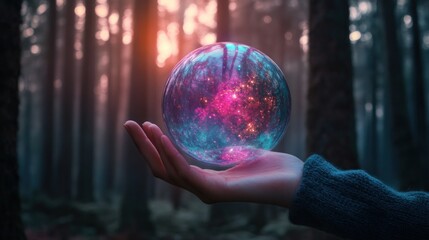 Fototapeta premium Hand holding cosmic orb in forest.