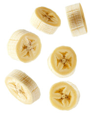 Fresh banana slices soaring isolated on transparent background
