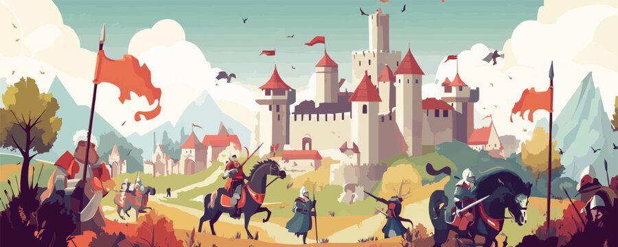 Medieval fantasy. Knights, castles, mythical creatures, and epic battles, creating a rich and detailed medieval world, vector illustration, flat style.