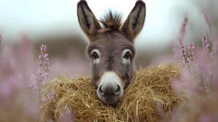 A donkey is standing in a field of flowers and eating hay