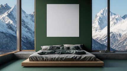 A  cozy bedroom with a blank poster on a deep green accent wall behind a low-profile bed. Large windows reveal snow-capped mountains, creating a tranquil.