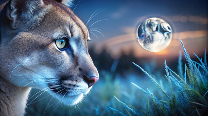 Obraz premium Close-up of puma face with glowing moonlit background
